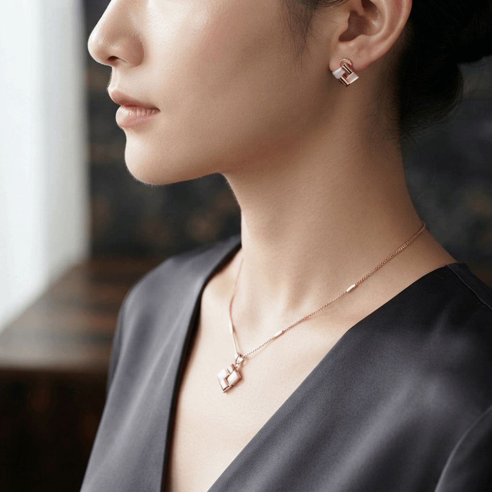 Elegant Women Jewelry Rose Cat Eye Jewelry Geometric Cat Eye Rose Necklace Set Fine Box Chain Dainty Lightweight Geometric Pendant Choker Anniversary Present