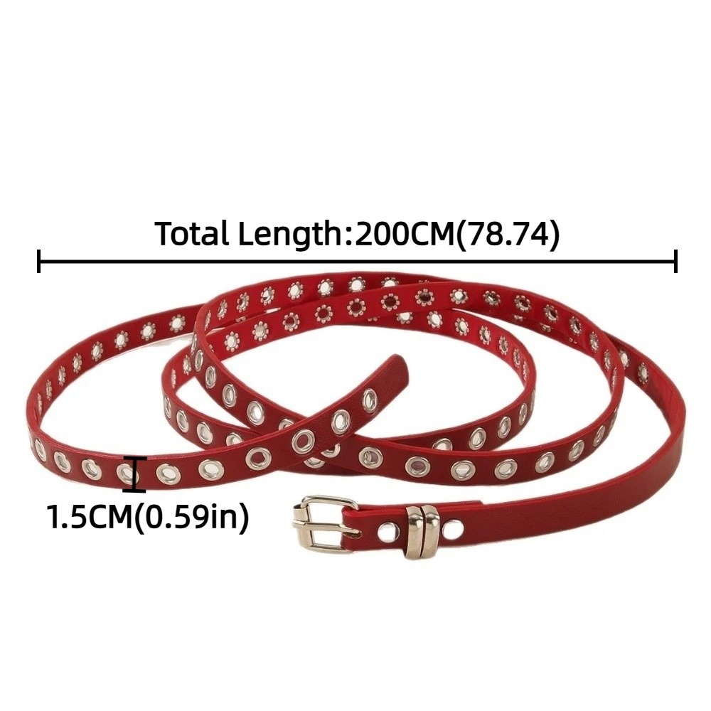 Y2K Adjustable PU Waist Belt Gothic Extra Long Thin Double Layer Circle Chain Retro Punk Rivet Eyelet Knotted Belt Rock
