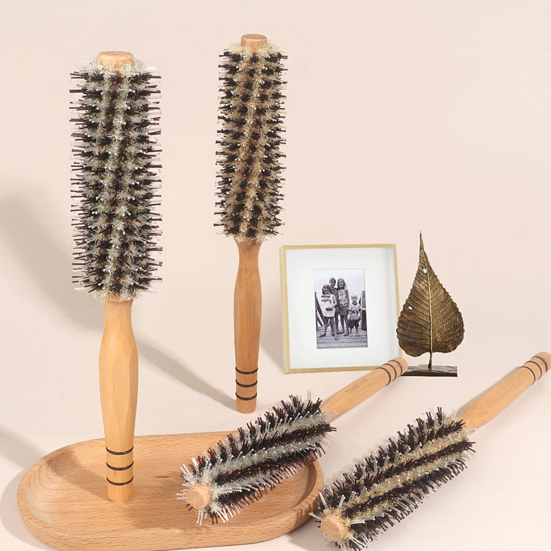 Yuanyan Natural Boar Bristle Roller Brush Barber Hair Roller Wood Hair Brush Round Barrel Hair Comb For Women Curly Hair Hairdressing