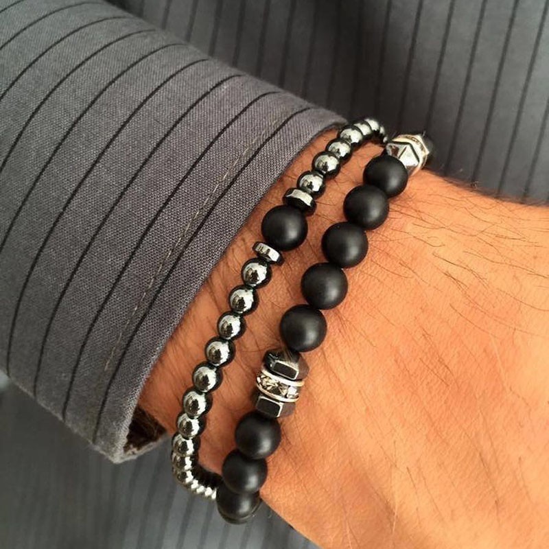 NAIQUBE 2pcs/set Fashion Bracelet Steel Stone Bead Bracelet Jewelry Gift Classic Pulsera Hombre