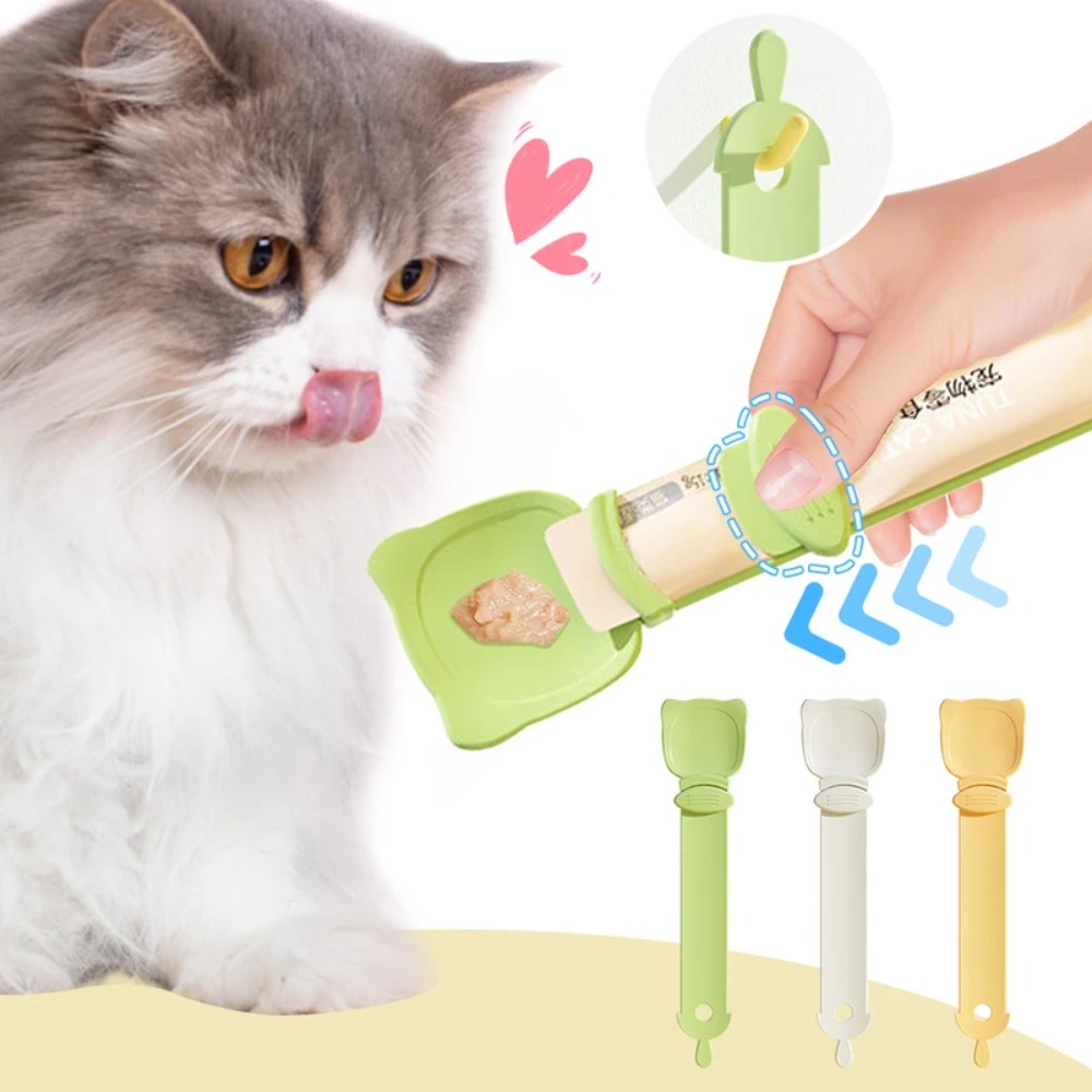One-hand Operation Multifunctional Cat Strip Feeder Lickable Long Handle Cat Strip Squeeze Spoon Convenient Material HIPS Cat Snack Spoon Feeding