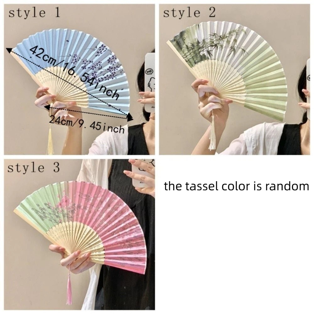 Multifunctional Vintage Chinese Folding Fan Floral Print with Tassels Dance Fan Creative Decorative Hand Fan Photography