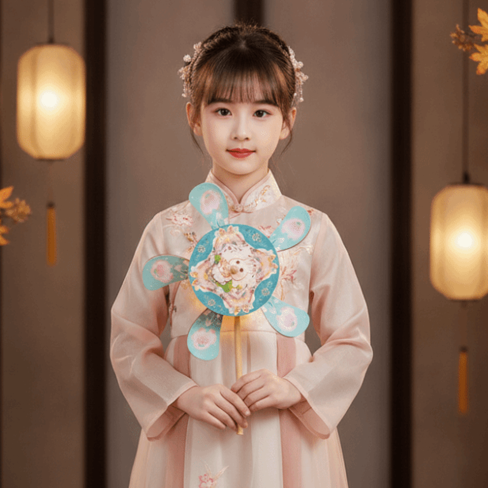 Chinese Handheld Light LED Warm Glow Rabbit Spinning Lanterns Retro Pattern Spinning Axis Pinwheel Flower Lamp Wooden Rod Battery Operated Rotating Windmill Light Photography Props