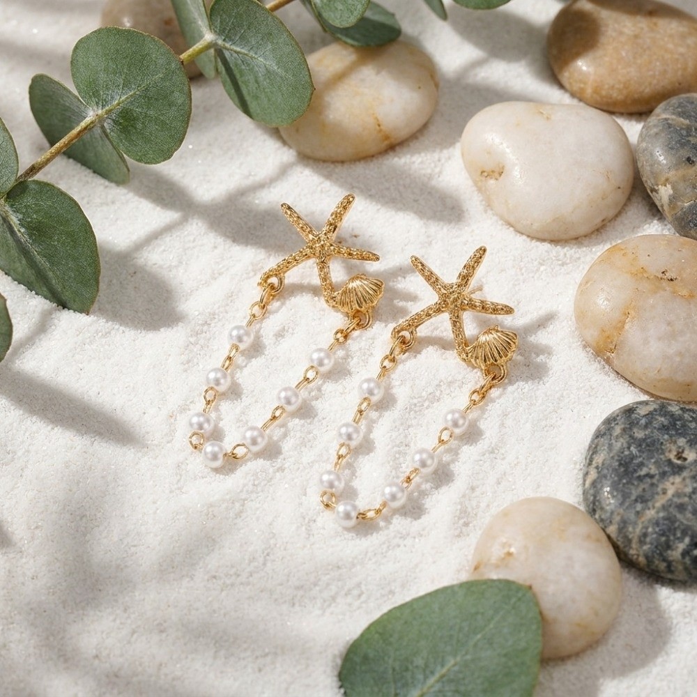 New Bohemian Starfish Dangle Earring Gold Imitation Pearl Stud Earrings Shell Chain Pendant Sea Star Jewelry Beach