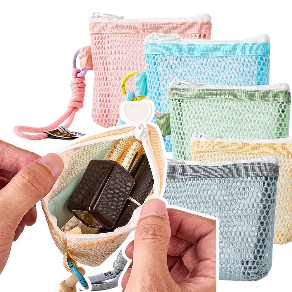 Portable Dopamine Color Mesh Storage Bag Toiletry Candy Color Coin Purse Zipper Closure Handheld Small Cosmetics Bag Travel Storage