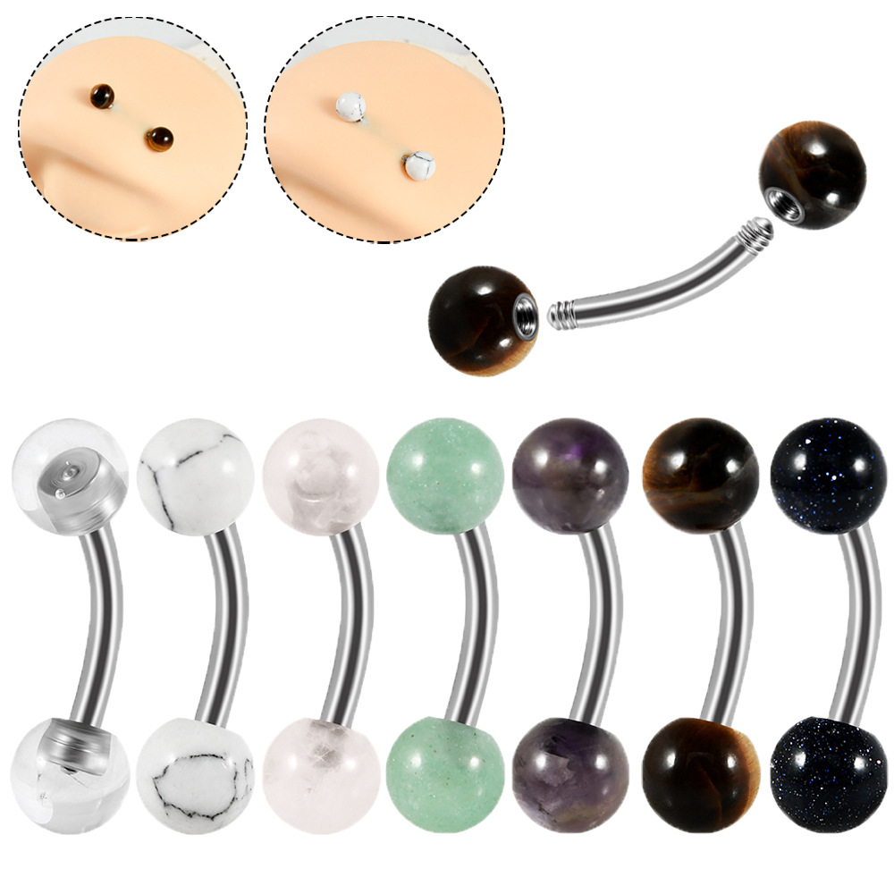 designs】Stainless steel curved rod navel nail crystal stone eyebrow nail tiger eye stone external thread puncture umbilical ornament