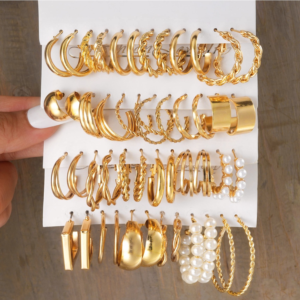 Enacolor 24 Pairs Retro Twists Metal Geometric Shaped Square Pearl Earrings Set for Accessories Jewelry New Ins 2024 Bles Online DZ-37A-20