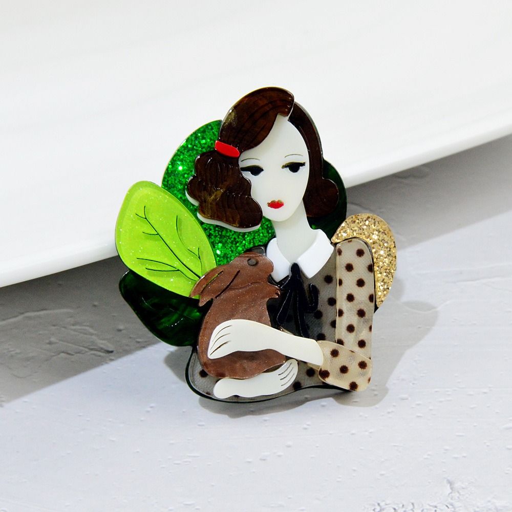 Creative Cute Girls Girl Hugging Rabbit Cartoon Design Brooch Brooch Acetate Fiber Brooch Women Collar Pin Acrylic Brooch