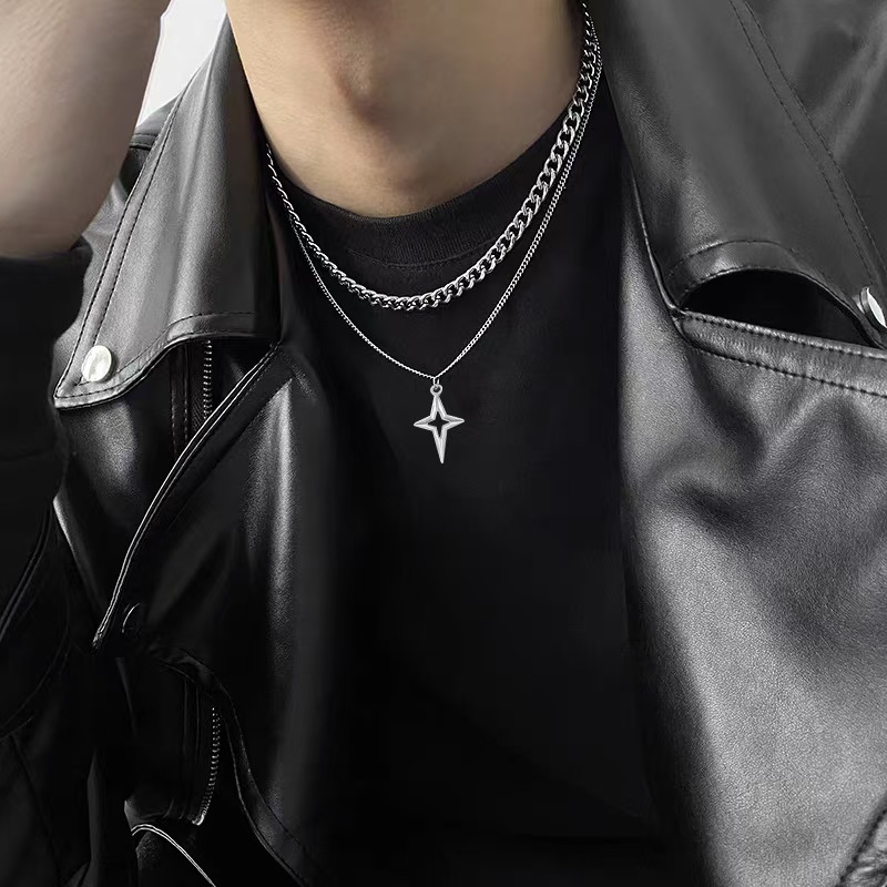 【New Arrivals】Fashion Hip Hop Hollow Star Cross Pendant Double Layer Necklace Distinctive Star Shape Cold Style Collarbone Chain for Men