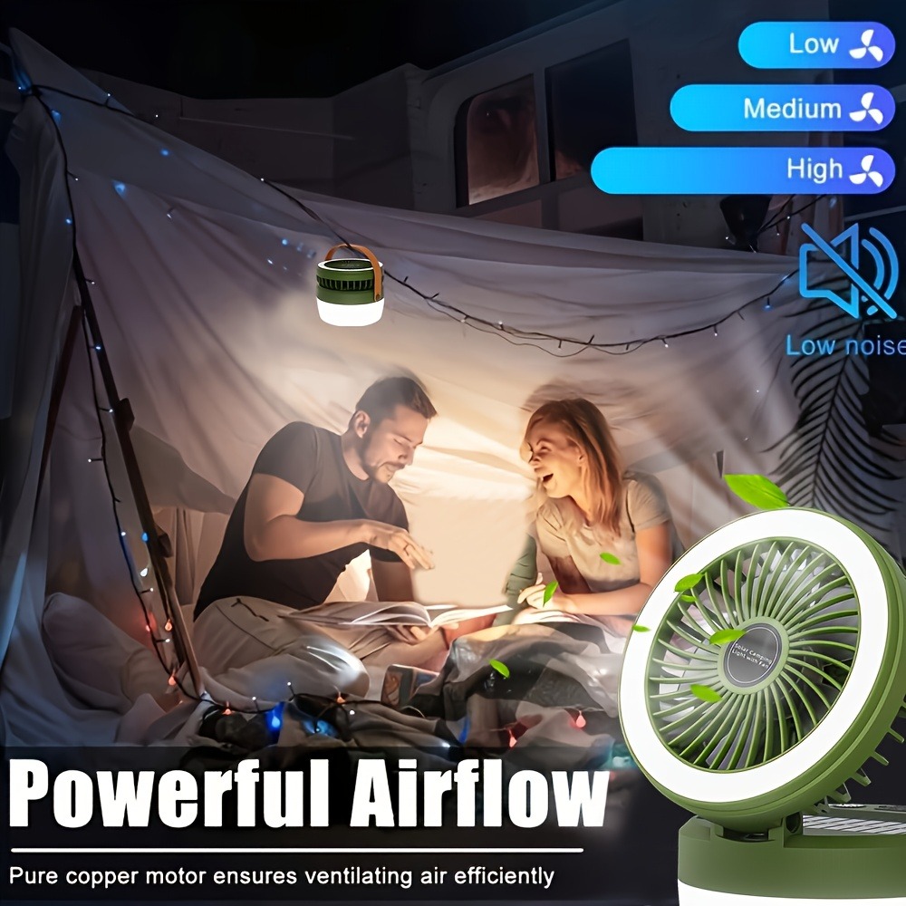 Durable Rechargeable/Solar Portable Folding Fan Light Multi Functional Waterproof Cooling Fan with Light 2-in- Compact Tent Hanging Lantern Outdoor