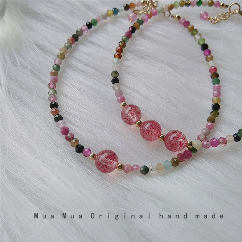 Sale】New Natural Strawberry Candy Tourmaline Crystal 14K Gold Bracelet Women's Summer Handmade