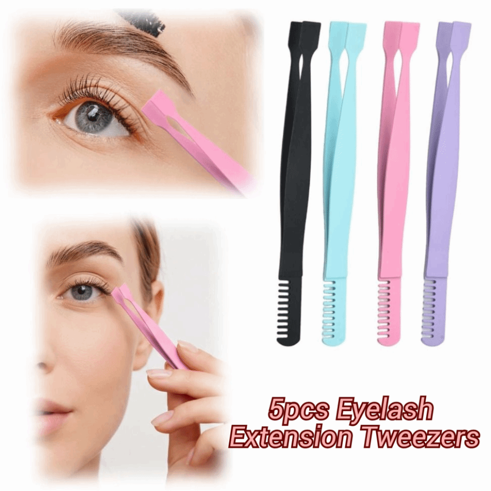 5pcs Portable Thick Stainless Steel Eyelash Clip Flat Mouth with Comb Eyelash Extension Tweezers Eyelash Extension Aids Multifunctional Lash Tweezers Beauty