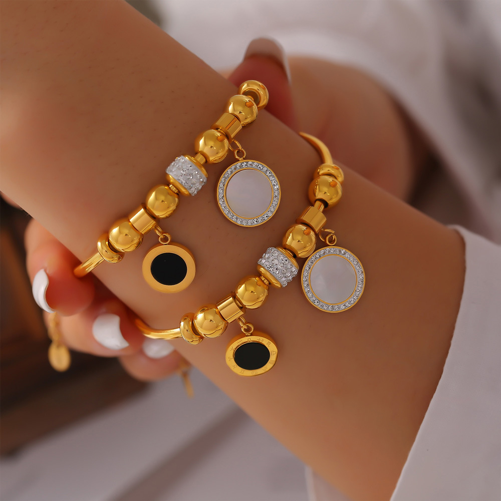 【Prices are low- Now don't Numeral Round Brand Pendant Fashion Temperament Diamond Bracelet Inlaid with White Acrylic Geometric Titanium Steel for Women