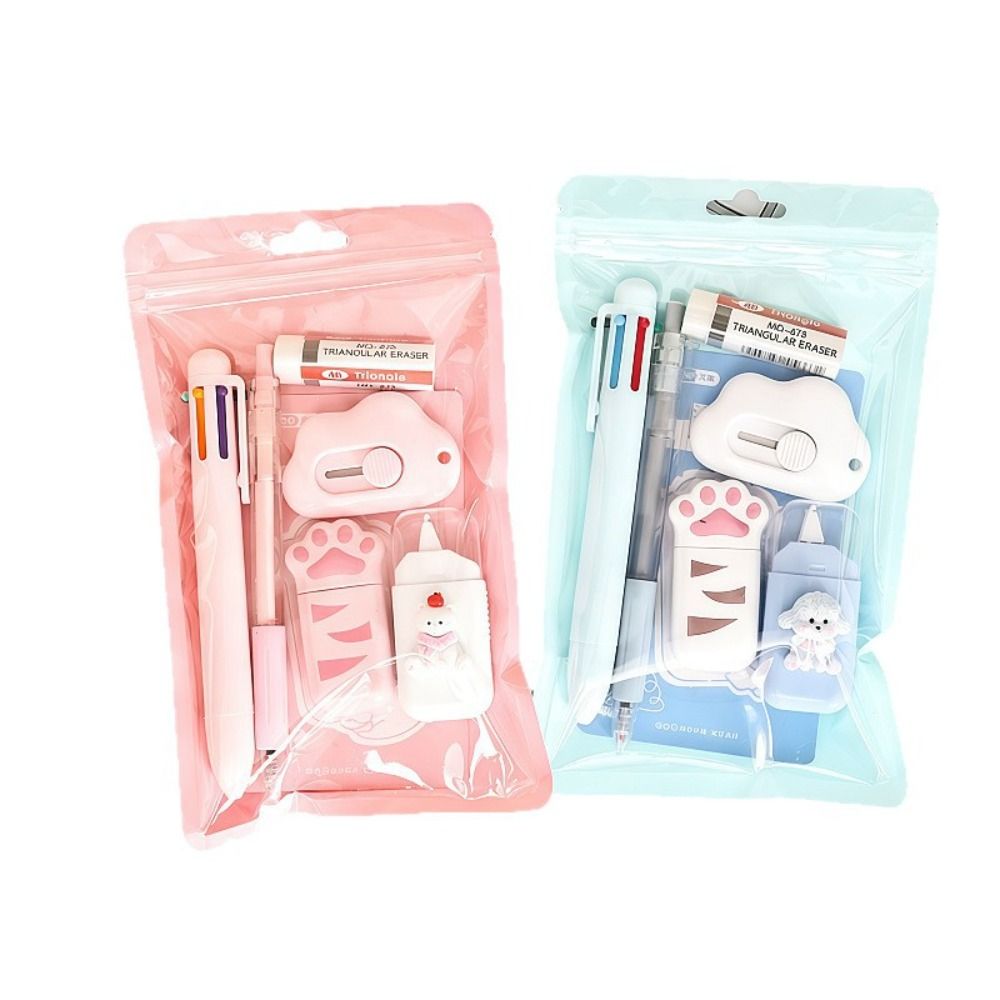 6pcs/set High Quality 6-in-1 Stationery Set Kitten Patterns Writing Set Correction Tape Portable Multi-color Pen School Supplies