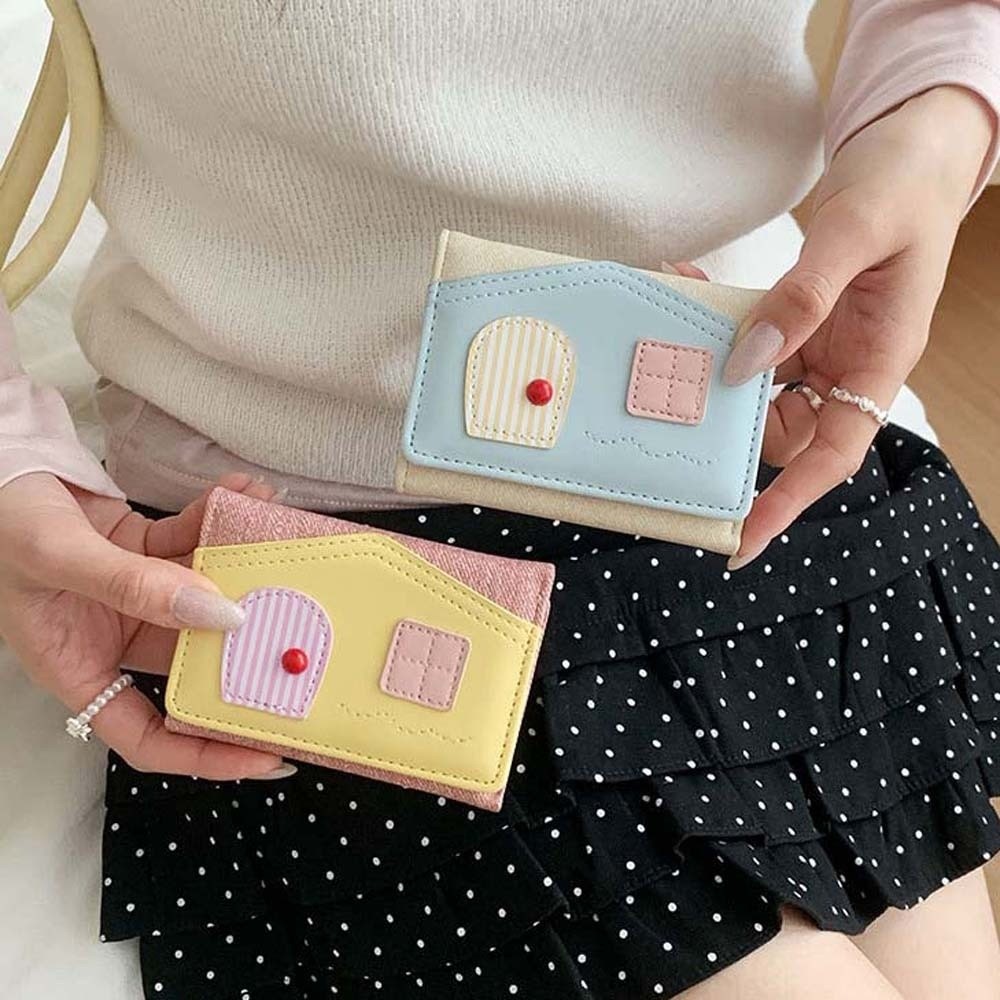 Cute Women Purse Multi Color Pastel House Shaped Wallet Compact Clear Photo Slot Purse Lightweight Pocket Size Multiple Card Compartments Three Fold Wallet Birthday Holiday Present