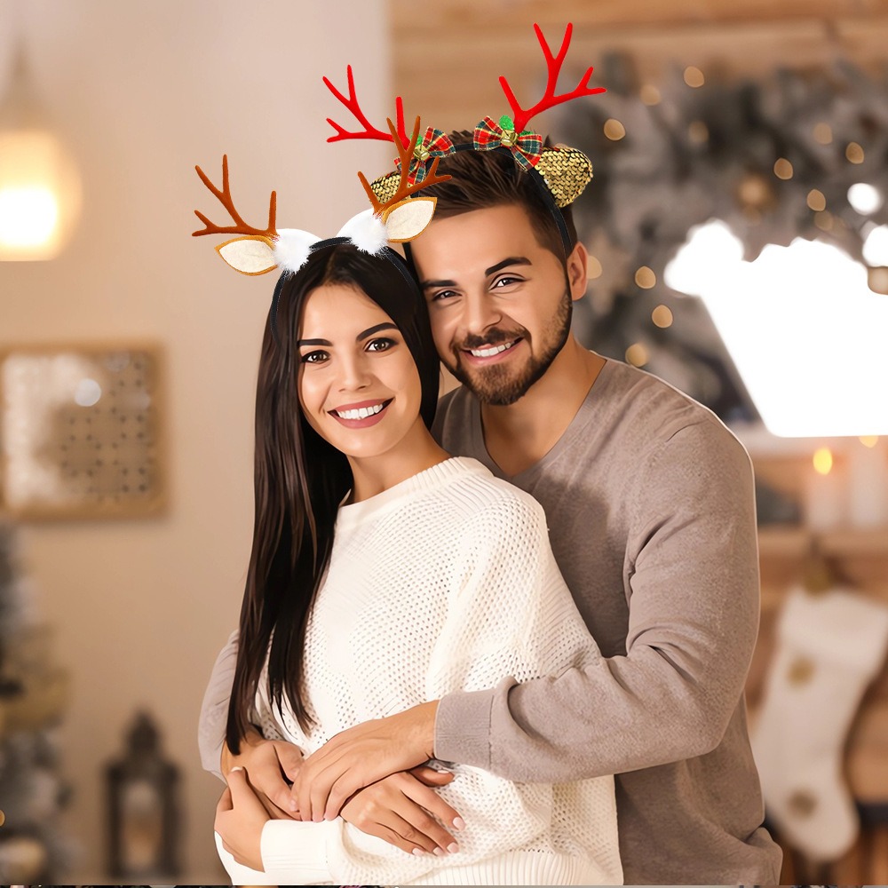 Creative Cute Christmas Headband Flocked Antler Headwear Deer Ear Headband Photograph Props Glitter Sequin Xmas Hairband Festival Decoration