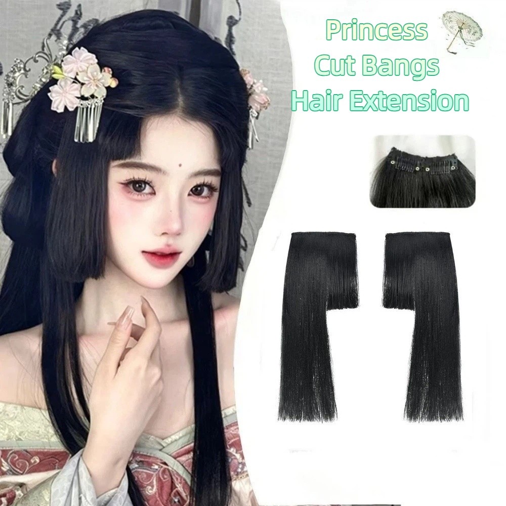 2Pcs Vintage Synthetic Princess Cut Bangs Hair Extension With Hair Clips Side Fringe Hair Piece Chinese Natural Ancient Costume Hanfu Hairstyle for Women