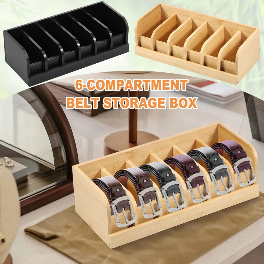 Easy To Clean Save Space Wood Belt Organizer 6-grids Natural Bamboo Belt Storage Box Convenient Durable Belt Display Rack Women