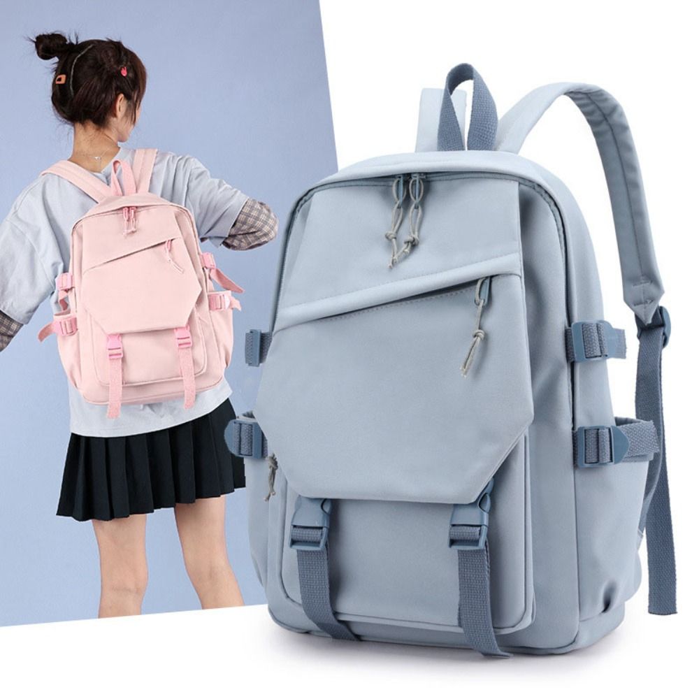 Kawaii Multi-Function Nylon Backpack Adjustable Solid Color Women Shoulder Bag Laptop Bagpack Students Schoolbag Unisex