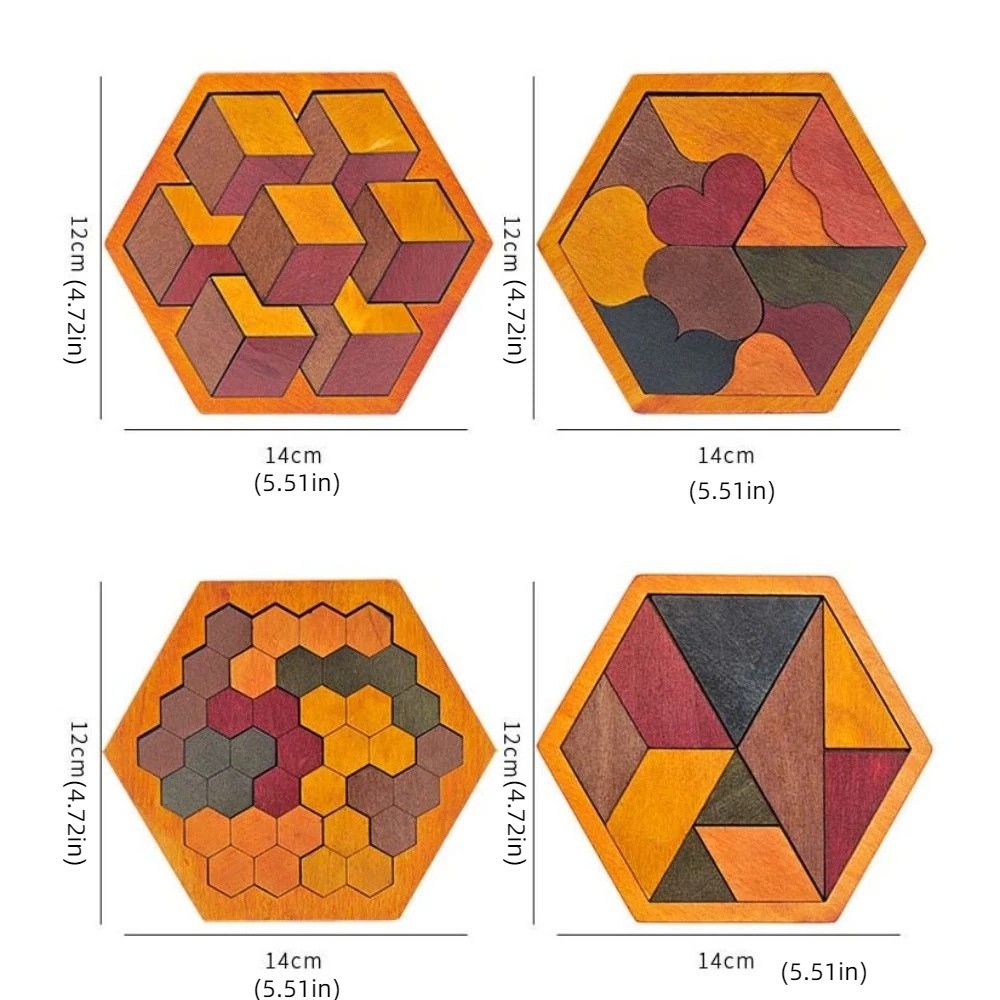 Educational Toys Pattern Cognitive Wooden Tangram Puzzle Interactive Logical Thinking Montessori Puzzles Toys Hexagonal Challenges Jigsaw Puzzle Board Parent Child