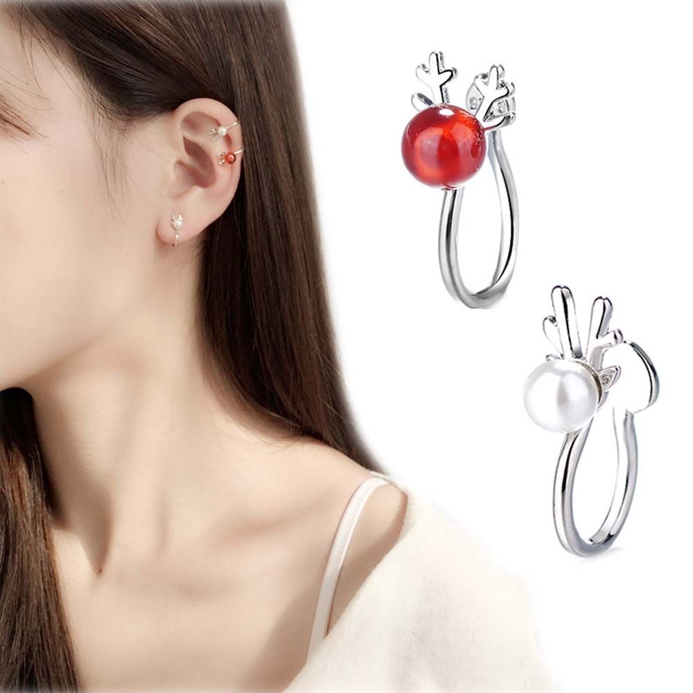 Simple Color 2pcs Christmas Gift Red White Elk Shaped Little C Cubic Fashion Jewelry Elk Ear Clips Ear Clips Christmas Earrings
