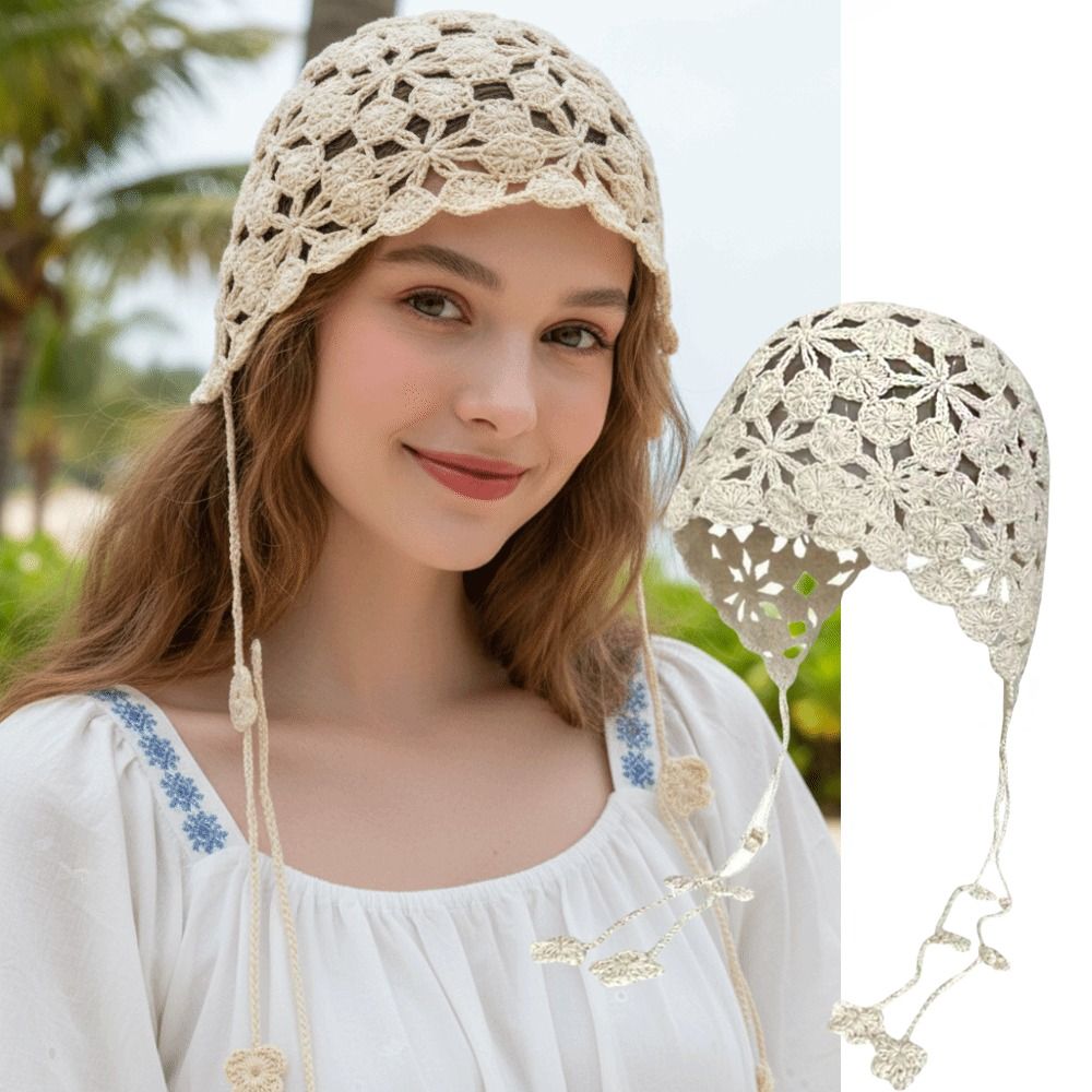 Sweet Tassel Hollowed Out Knitted Hat Elegant Floral Crochet Flower Hat Ethnic Style Weave Cap Spring Summer