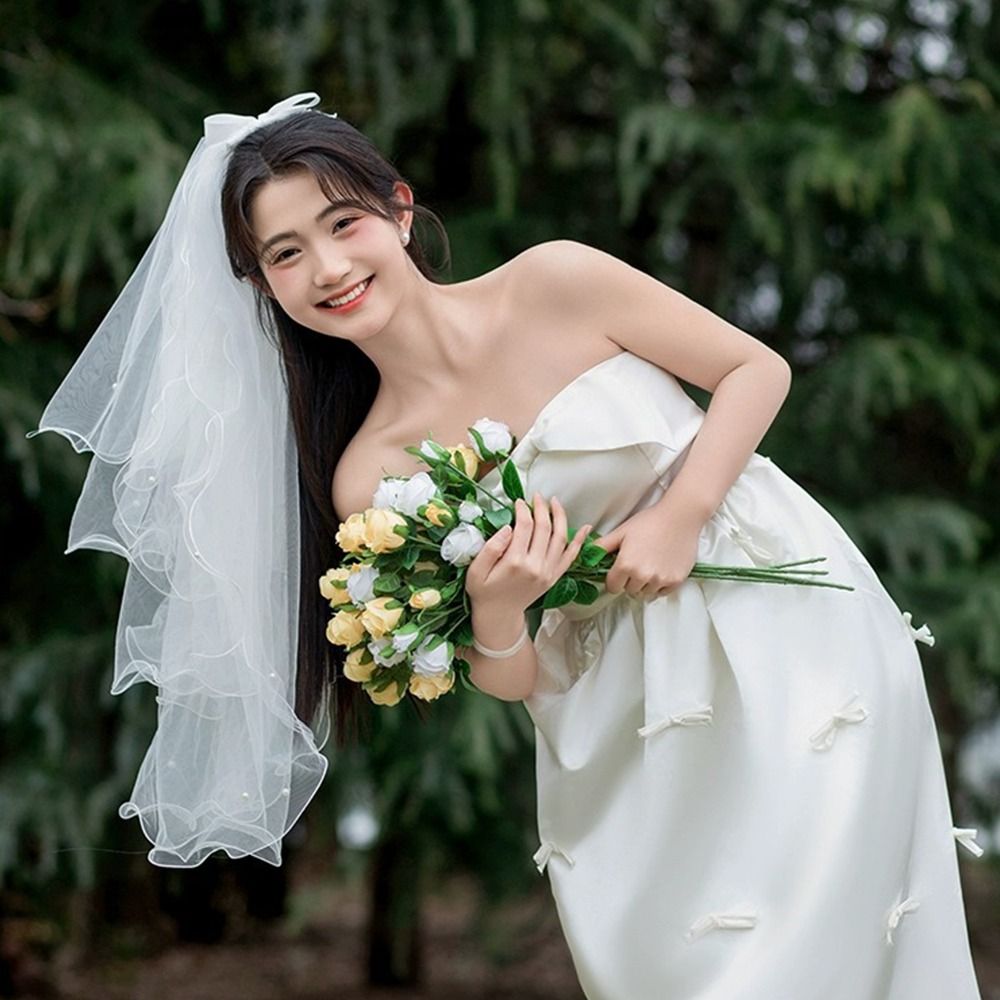 Elegant Four-layer Bridal Veil Soft Tulle Bow Ribbon Wedding Veils Curled White Bride Head Gauze Bride Accessories