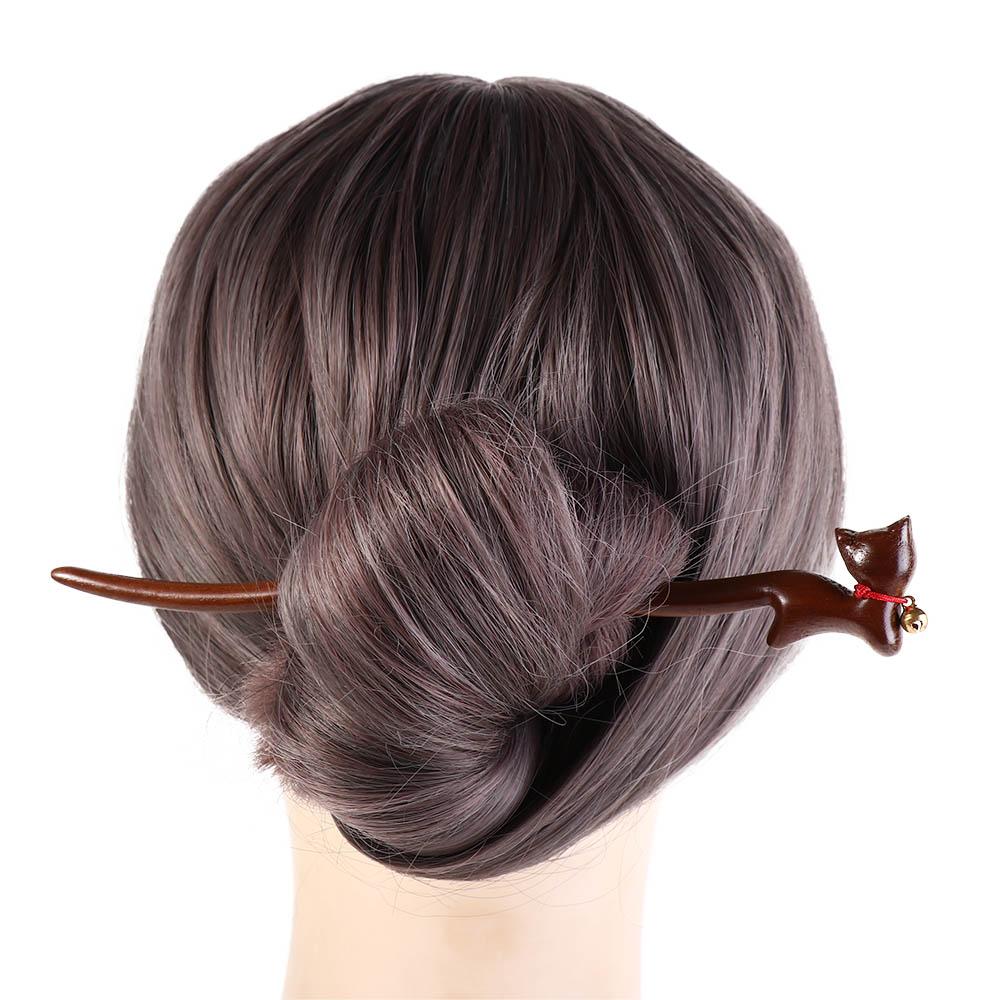 Elegant Wooden Cat Hair Stick Bell Headwear Chinese Hanfu Style Hair Clip Ponytail Clip Cartoon Aniaml Hairpin Daily