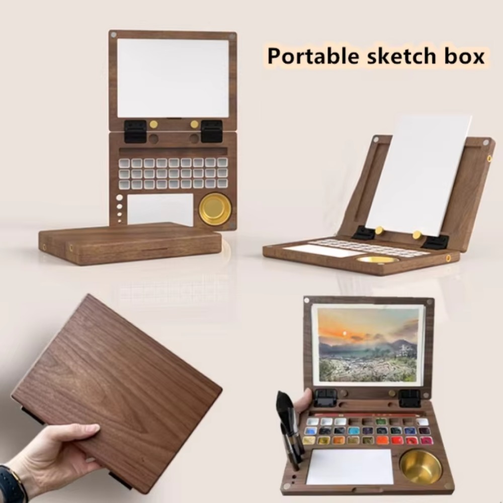Travel Painting Supplies 27 Grid Wooden Watercolor Box Multifunctional Portable Paint Pigment Box DIY Art Creation Empty Folding Watercolor Paint Palette Student