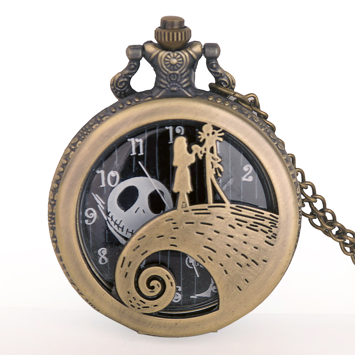 【New arrival】Steampunk Hot Movie The Night Before Christmas Quartz Pocket Watch Jack and Sally Design Necklace Watch Mens Womens Fob Watch