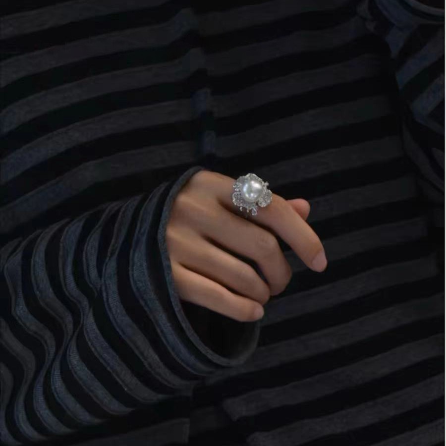 【Special offer】Elegant and Temperament Fresh Water Pearl Ring Women's Opening Adjustable Seiko French Retro Three-Flower High-grade Finger Ring