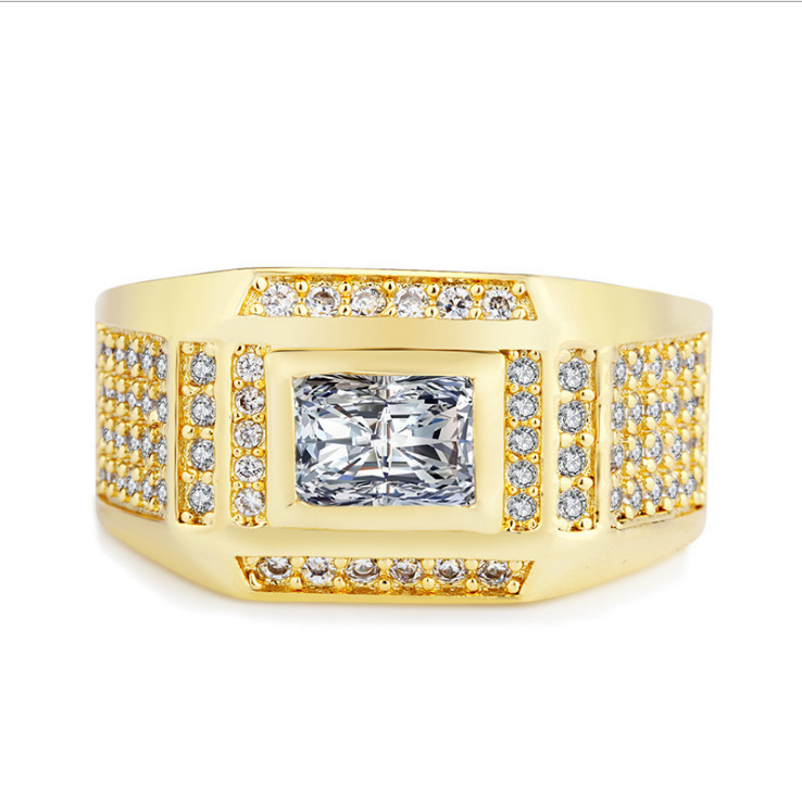 【Top Picks】Bedi specializes in electroplating gold color retaining rectangular diamond luxury large diamond ring men's ring luxury full diamond ring men's