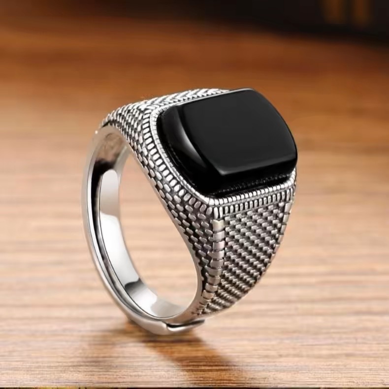 【I was hyped up】Vintage Imitation Black Onyx Ring Men's Trendy Cold Style Wide Pasta Finger Ring Advanced Sense Old Thai Silver Open Ring