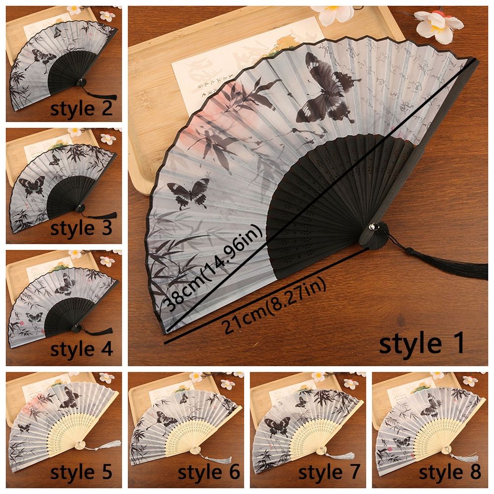 Art Crafts Chinese Style Bamboo Folding Fan Ink Wash Painting Antique Dance Fan with Tassel Handheld Retro Fan Photo Prop
