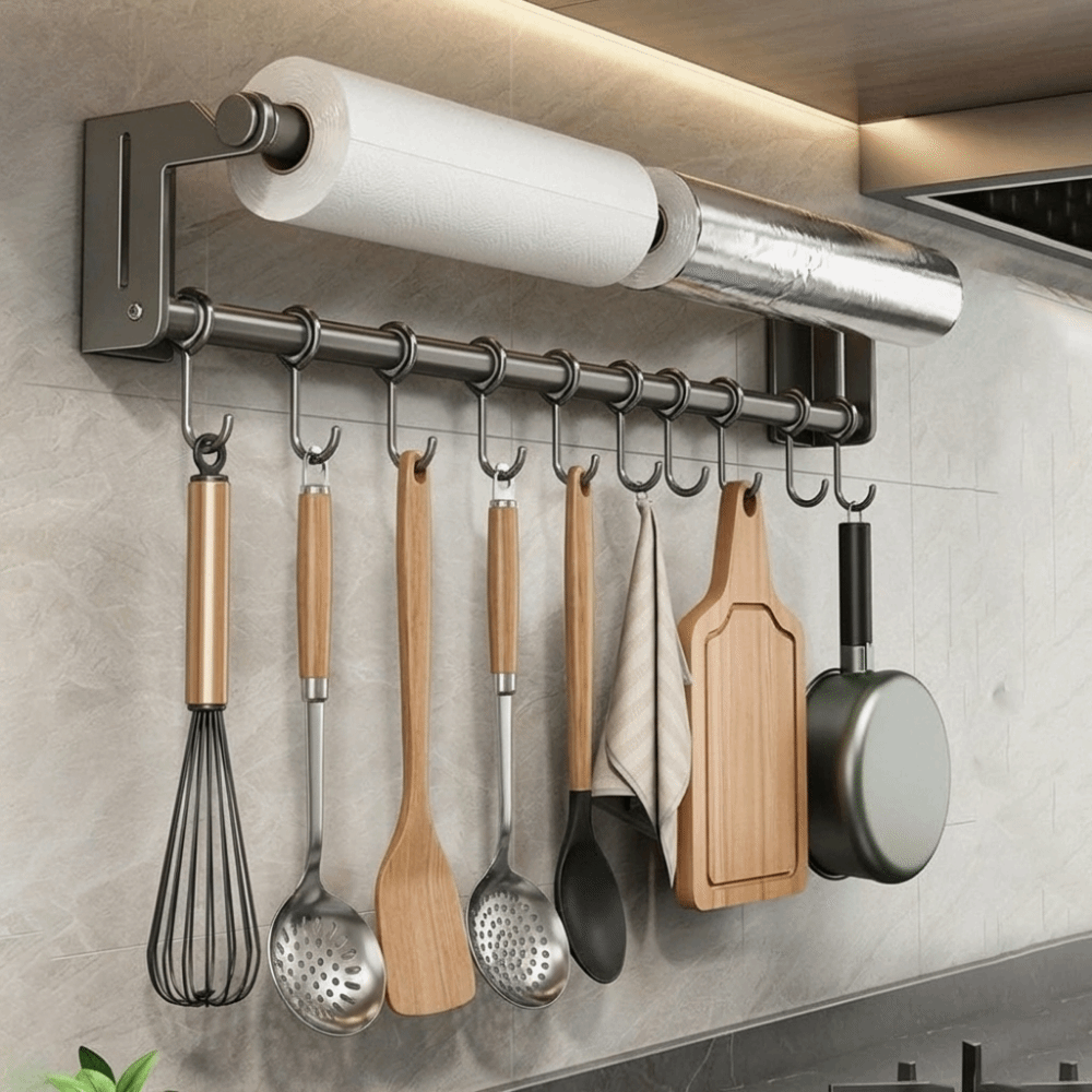 Durable Stainless Steel Kitchen Hook Rack Wall Mounted Large Capacity Utensil Storage Rack Space Saving with Movable Hook Cling Film Storage Rack Kitchen Storage