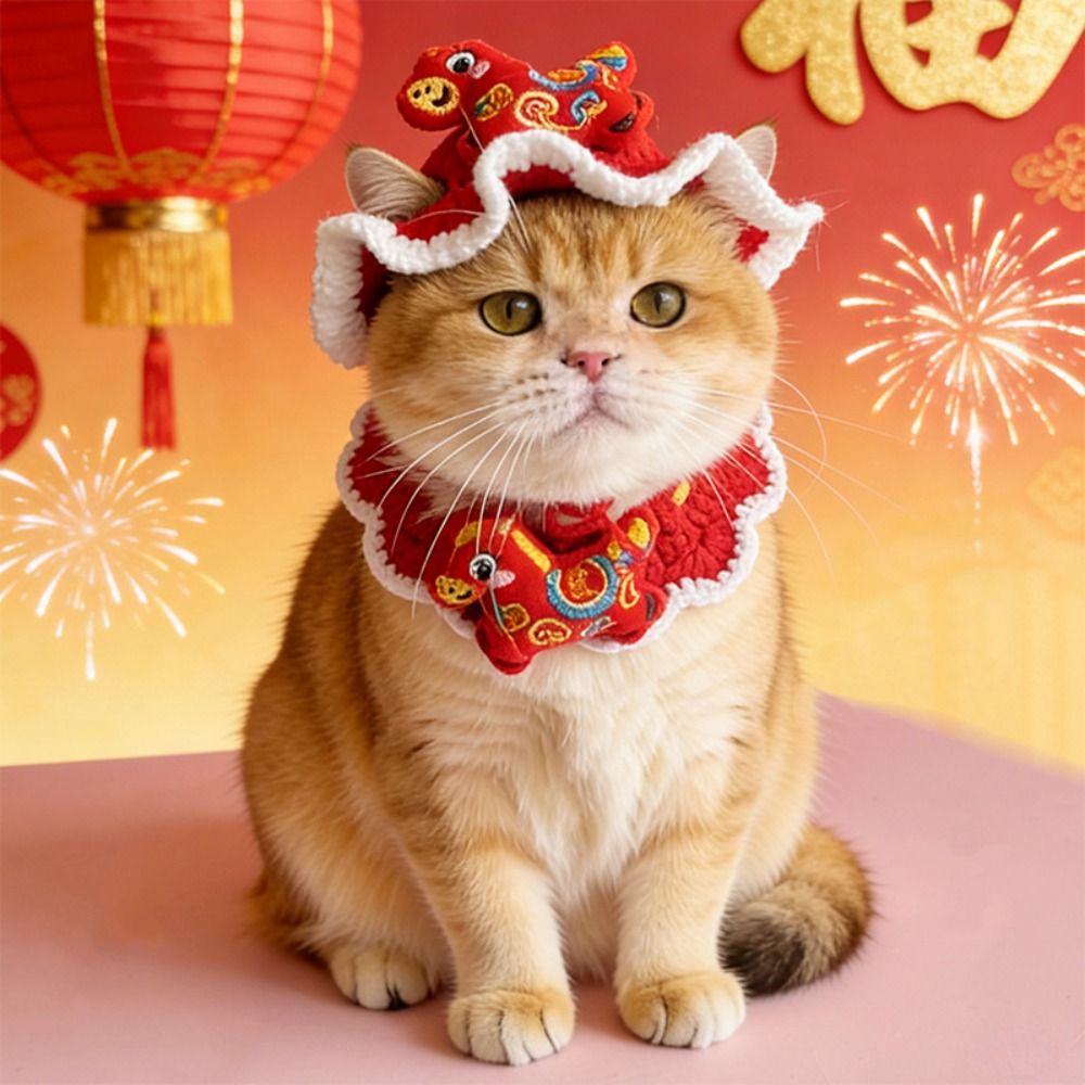 Funny Cartoon Chinese Style Pet Scarf Red Zodiac Horse Design Pet Knitted Hat Adjustable Elastic New Year Cat Headwear Pet Costume