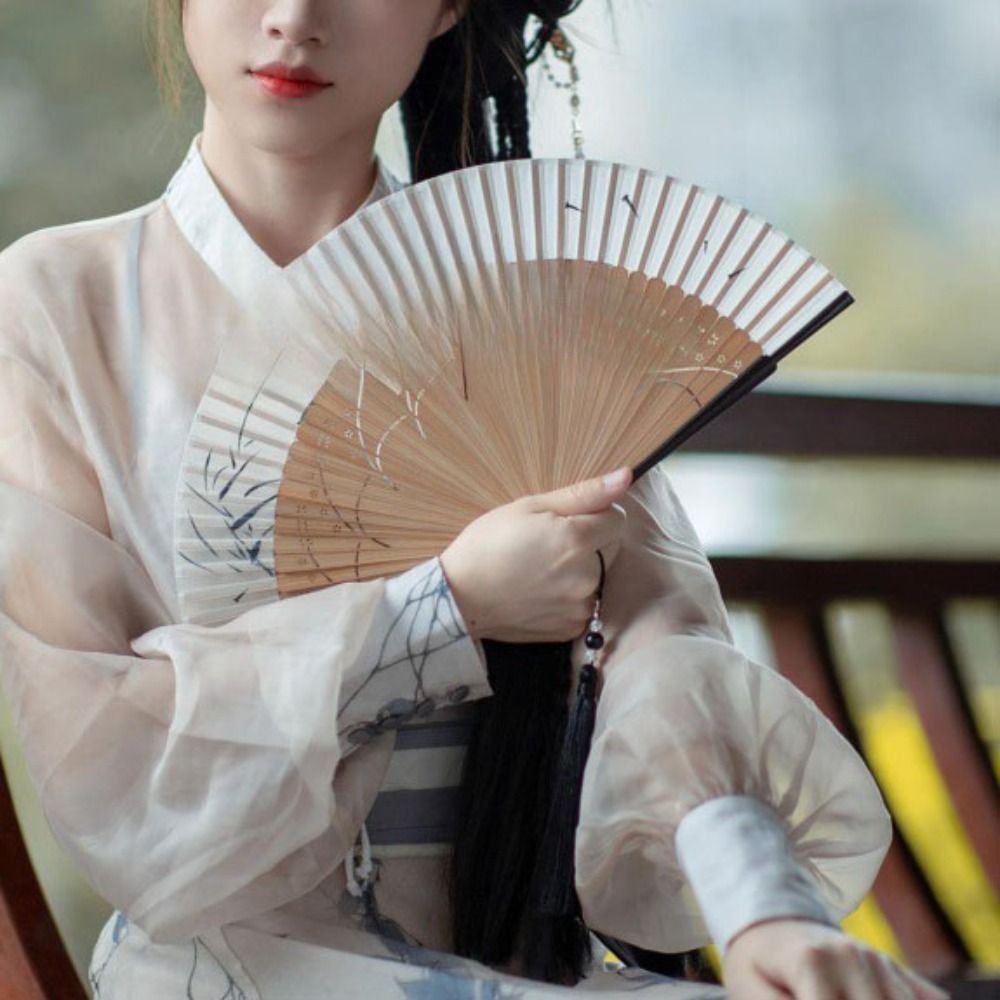 Hanfu Folding Fans Ancient Folding Fan Chinese Style with Tassel Dance Fan Carved Handhold Cheongsam Fan Ladies