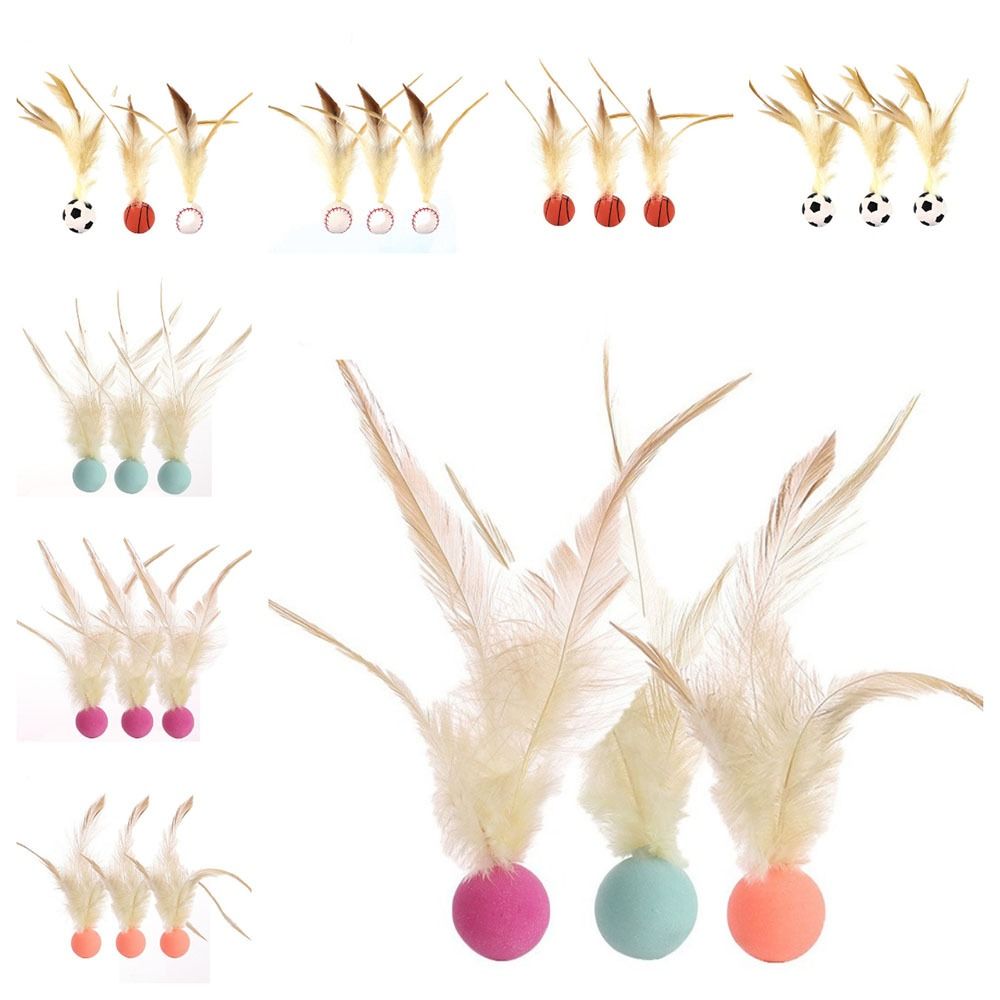 3Pcs Car Toy Supplies Solid Biting Cat Interactive Ball Toy with Feathers Chewing Resistant Chew Training Toy Elastic Self Fun Active Play Toy Kitten Play