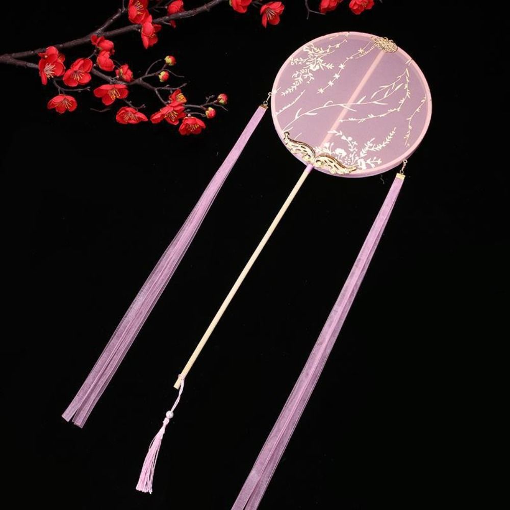 Vintage Handheld Chinese Style Fan Decorative Long Handle Circular Fan with Tassels Embroidery Fan Photography Props