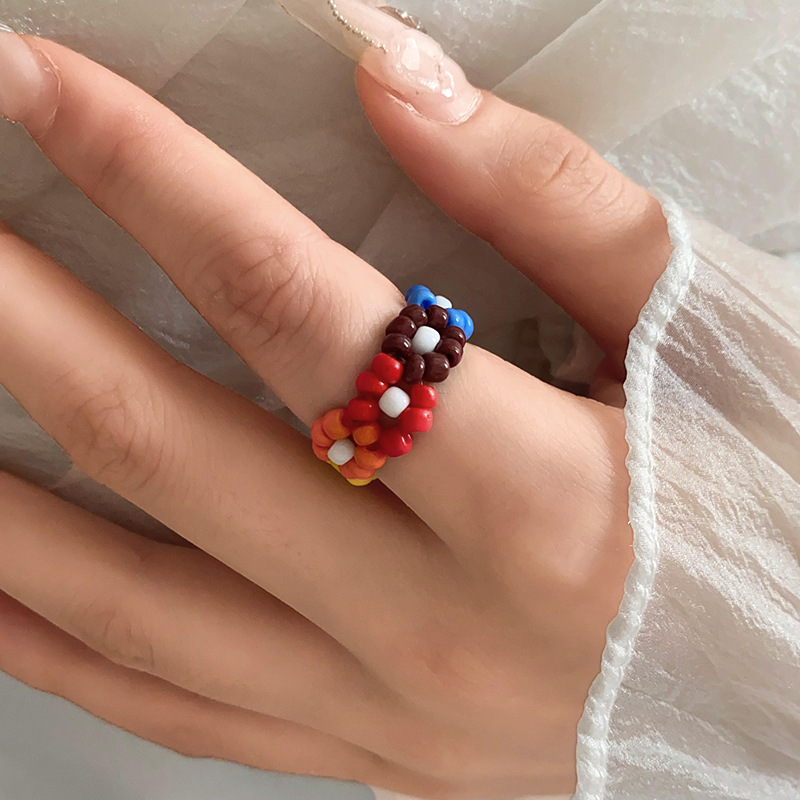 【New Arrivals】Colorful Dopamine Flower Rice Bead Ring Fresh and Sweet Girl's Heart Finger Ring Fashion All-match Niche Jewelry for Women