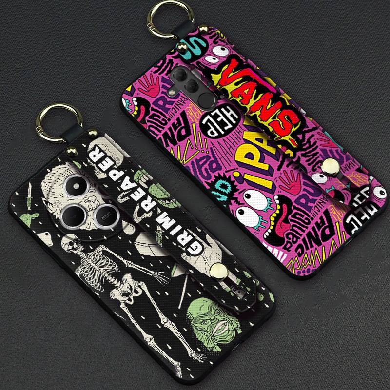 cartoon Lanyard Phone Case For Redmi A4 5G Waterproof Wrist Strap Graffiti ring Fashion Design Wristband Silicone
