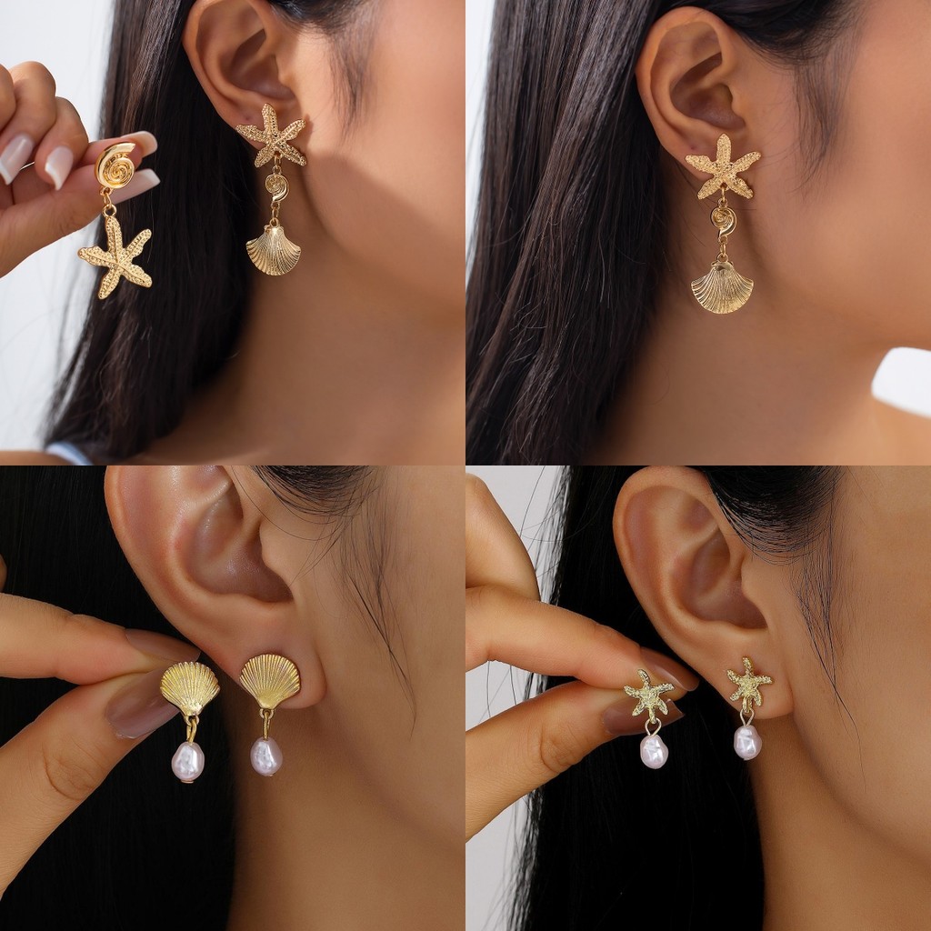 Vintage Stars Starfish Shells Earrings for Women Retro Pearl Gold Metal Summer Seaside Vacation