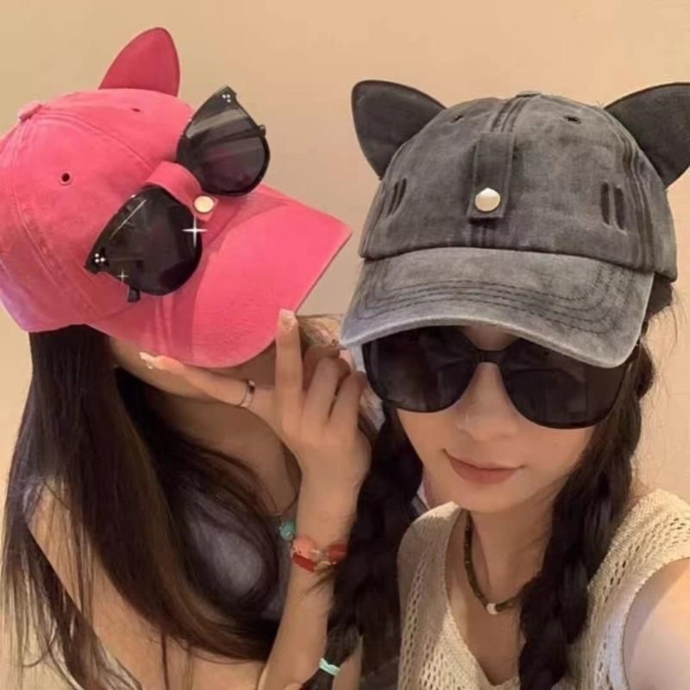 Fashion Cute Cat Ears Baseball Cap Breathable Adjustable Sunshade Cap with Sunglasses Creative Unisex Sun Protection Cap Travel