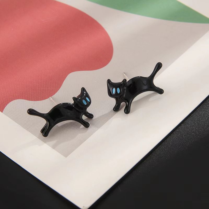 certifications】Japanese and Korean Black Kitten Earrings Women's Niche Dark Style Ins Cute Distinctive Ear Studs Trendy Ear Accessories