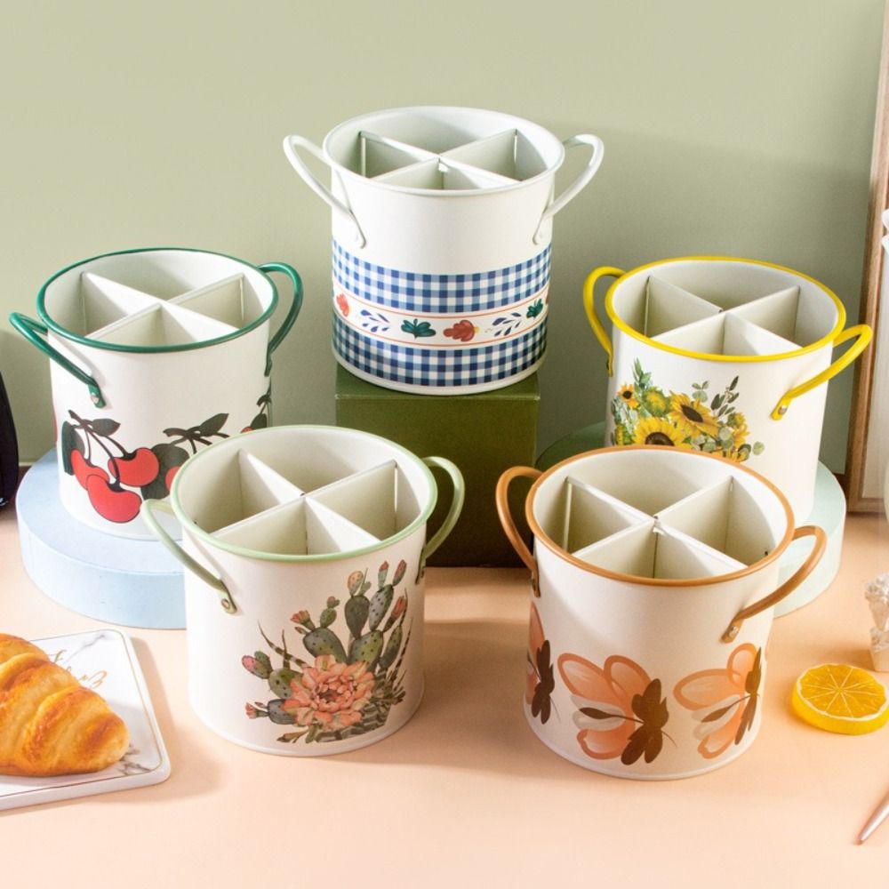 Easy To Carry Retro Style Kitchen Storage Bucket 4 Grids Iron Material Kitchen Storage Box Durable Construction Portable Design Fork Storage Box Home Decoration