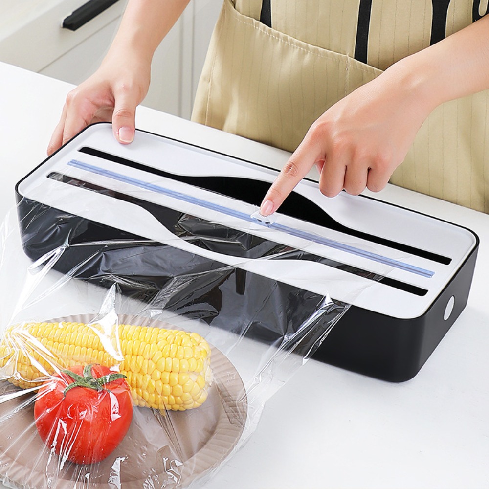 Convenience Magnetic Double Slot Food Wrap Dispenser Sliding Cutter Wall Mounted Tin Foil Cutter Plastic Space-saving Double-groove Cling Film Cutter Box Baking Paper
