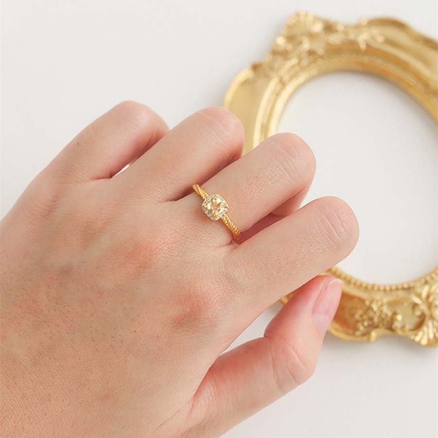 【New arrivals】Small Square Sugar Yellow Sugar Luxury Yellow Diamond Ring Women's Niche Opening Adjustable 18K Gold