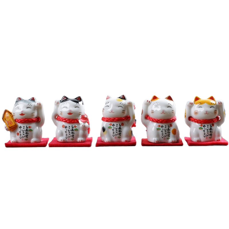 Japanese Ceramic Lucky Cat Ornament Fortune Cat Figurine Mini Cat Ceramic Charm Wufu Decoration Desktop Home Decor Creative CF8
