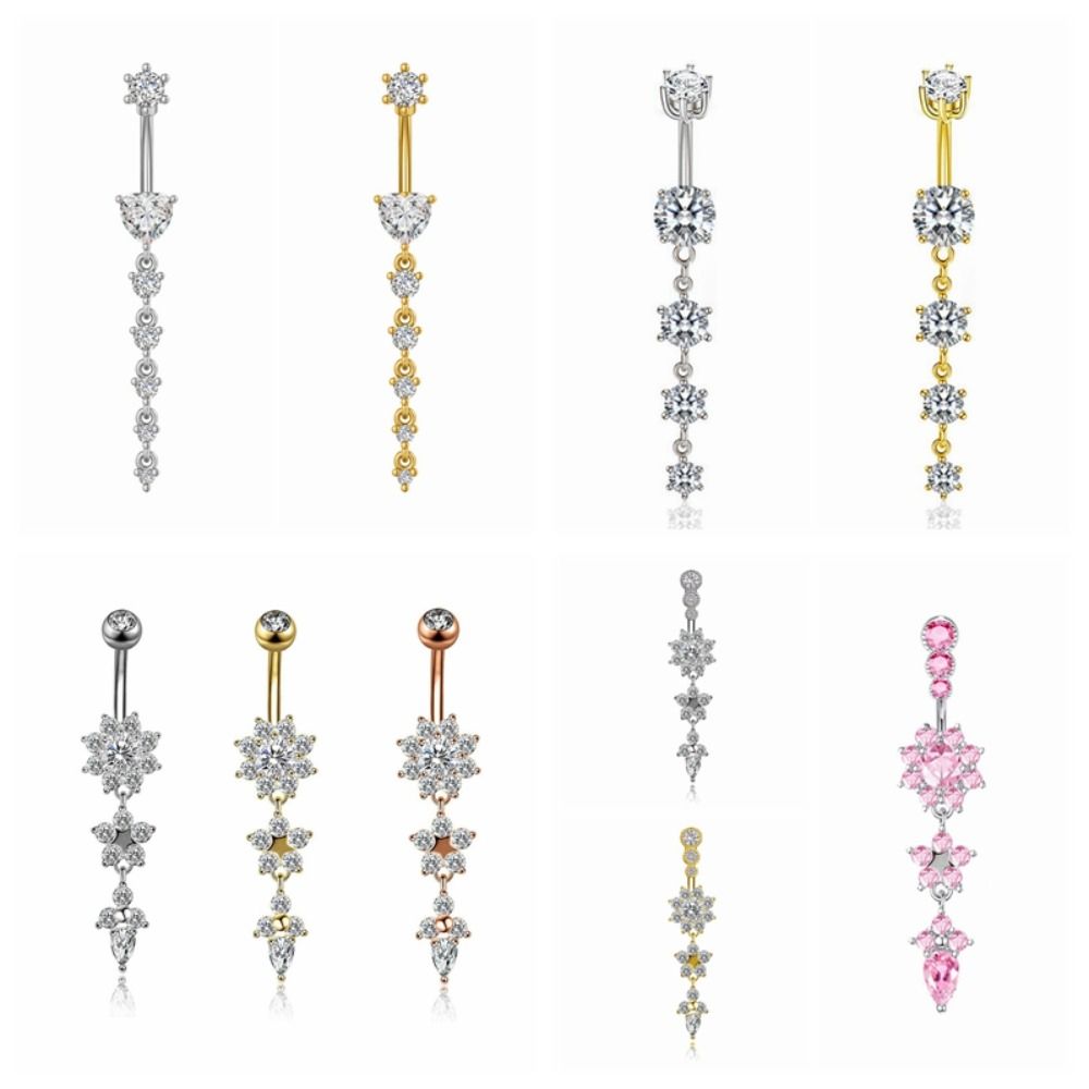 Heart Style Belly Button Ring Pink Long Dangled Stainless Steel Navel Piercing Metal Flower Body Jewelry Gift
