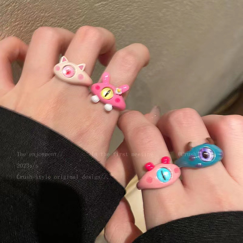quality】Big-eyed cute girl funny little cat open ring women's 2023 new index finger niche design ring monster